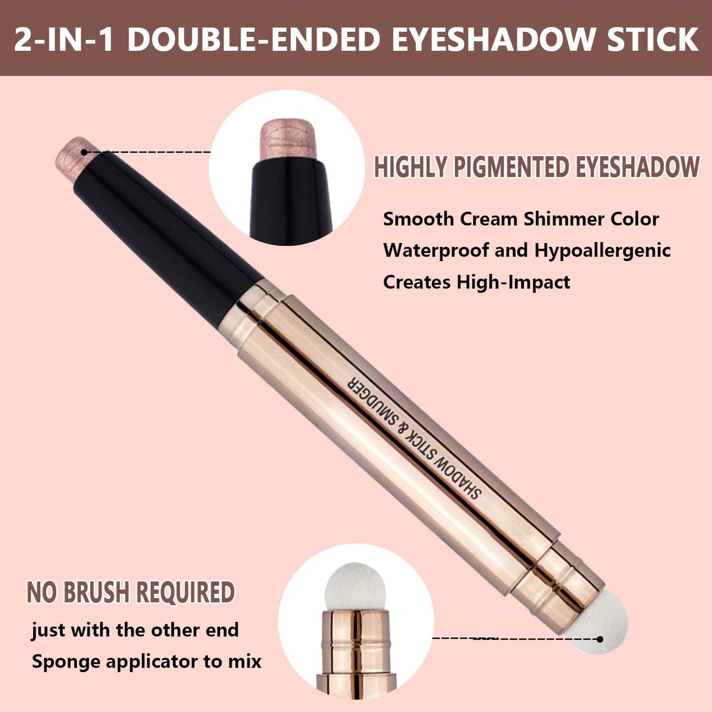 2 in 1 Eyeshadow stick and Sponge Makeup Brush, Brown Smooth Cream Shimmer Shadow Pencil Long Lasting Waterproof Eye Shadow Highlighter Stick Makeup , Hypoallergenic Eyeshadow, Highlighter Eye Liner-FemmiqueWomen