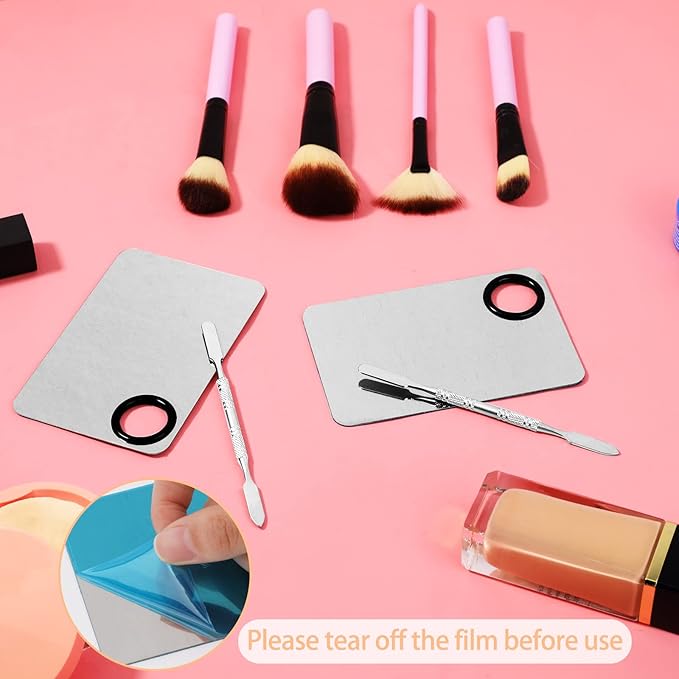2 Sets Foundation Palette Makeup Mixing Palette Stainless Steel Cosmetic Mixing Palette with Spatula Makeup Artist Tool for Mixing Foundation Eye Shadow Eyelash Nail Art (4.52 x 2.99 inch)-FemmiqueWomen