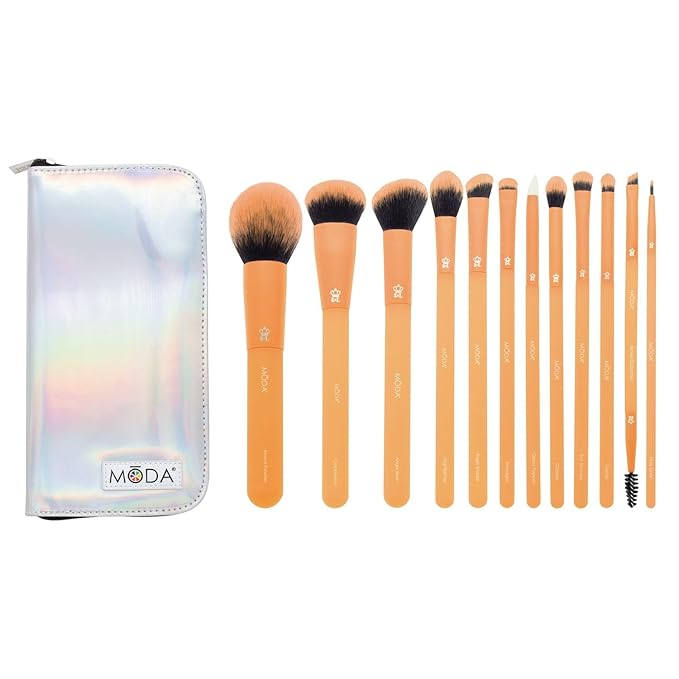 MODA Totally Electric Neon Orange Full Face Makeup Brush Kit – 13pc Vibrant Brush Set for Face & Eyes with Zip Case-FemmiqueWomen