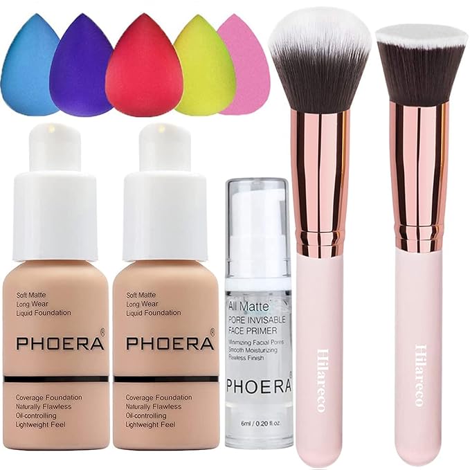 2 Pack PHOERA Foundation Warm Peach 103 and Face Primer,Liquid Full Coverage Foundation Set,Foundation Brush Powder Brush,5 Makeup Sponge, 24HR Matte Oil Control Concealer (103- Warm peach)-FemmiqueWomen