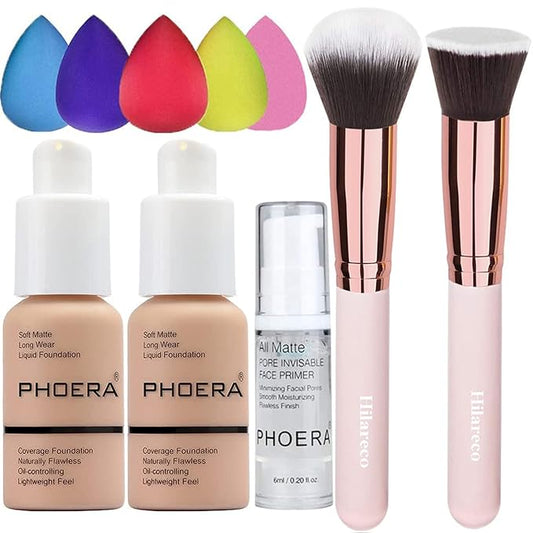 2 Pack PHOERA Foundation Warm Peach 103 and Face Primer,Liquid Full Coverage Foundation Set,Foundation Brush Powder Brush,5 Makeup Sponge, 24HR Matte Oil Control Concealer (103- Warm peach)-FemmiqueWomen