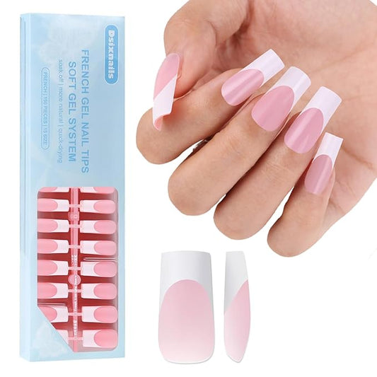 Long French Tip Press on Nails, 150pcs Soft Pink French Gel Nail Tips 15Sizes, Pre-lasting Soak Off Square Acrylic Fake Nails, No Need to File False Nail Tips Extension for Women Nail Gift