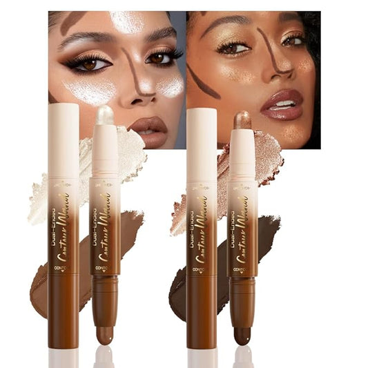 2Pcs 2in1 Cream Contour Highlighter Stick, Dual-Ended Highlighter Makeup Contour Stick, Contour Stick Dual Ended For Face Body Makeup, Long Lasting Waterproof for All Skin Tones (05+06)-FemmiqueWomen