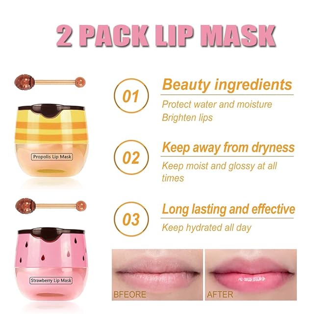 2PCS Bee Lip Balm Honey Pot & Strawberry Vitamin E Lip Sleep Masks Hydrating Prevention Dry and Cracked Lip Scrubs Exfoliator, Reduces Lip Lines，Lip Exfoliating Balm Sleeping Lip Mask-FemmiqueWomen