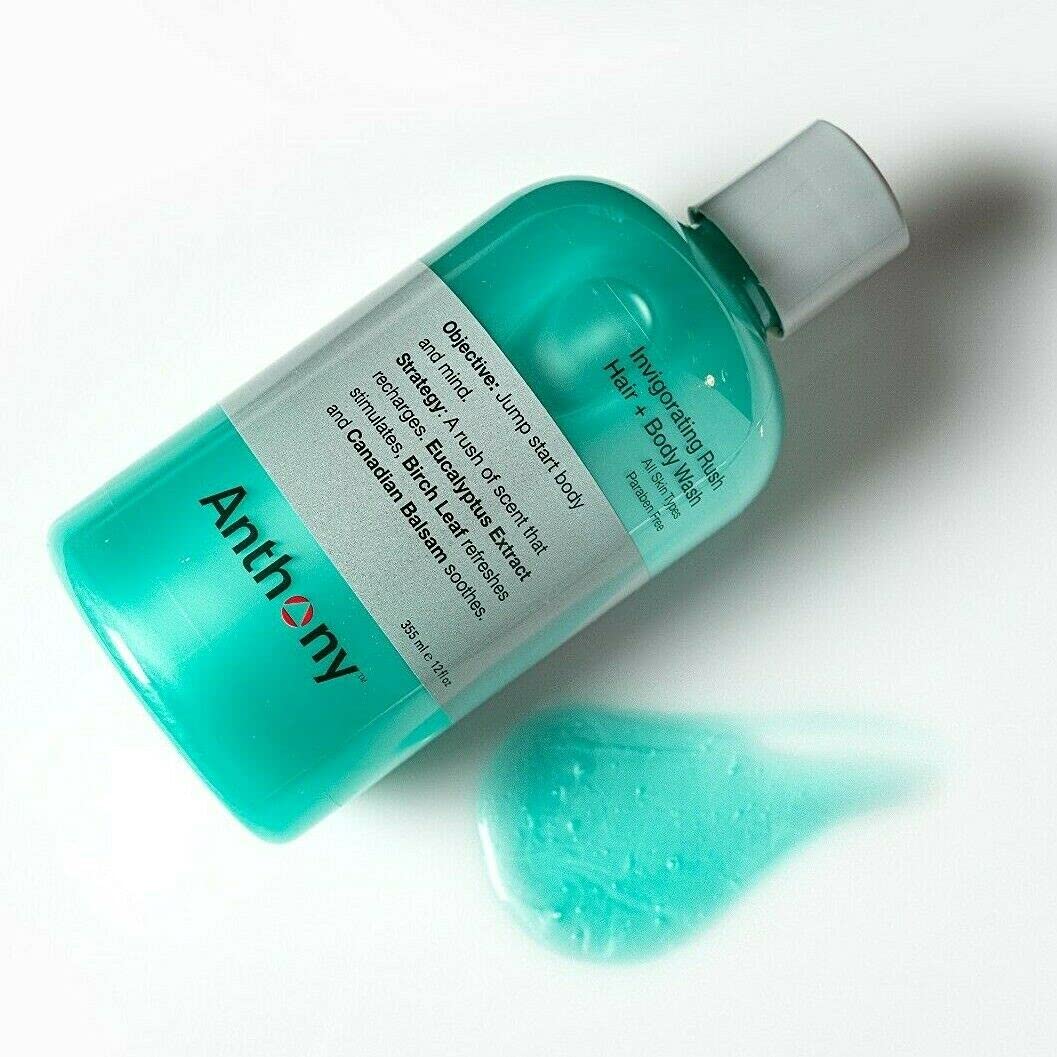 Anthony Mens Body Wash and Shampoo: Invigorating Rush 2-In-1 Liquid Gel Soap & Hair Shampoo, Pine Wood Scent, Hydrating with Eucalyptus, Canadian Balsam, Birch Leaf, Charcoal, Sea Kelp, 12 Fl. Oz-FemmiqueWomen