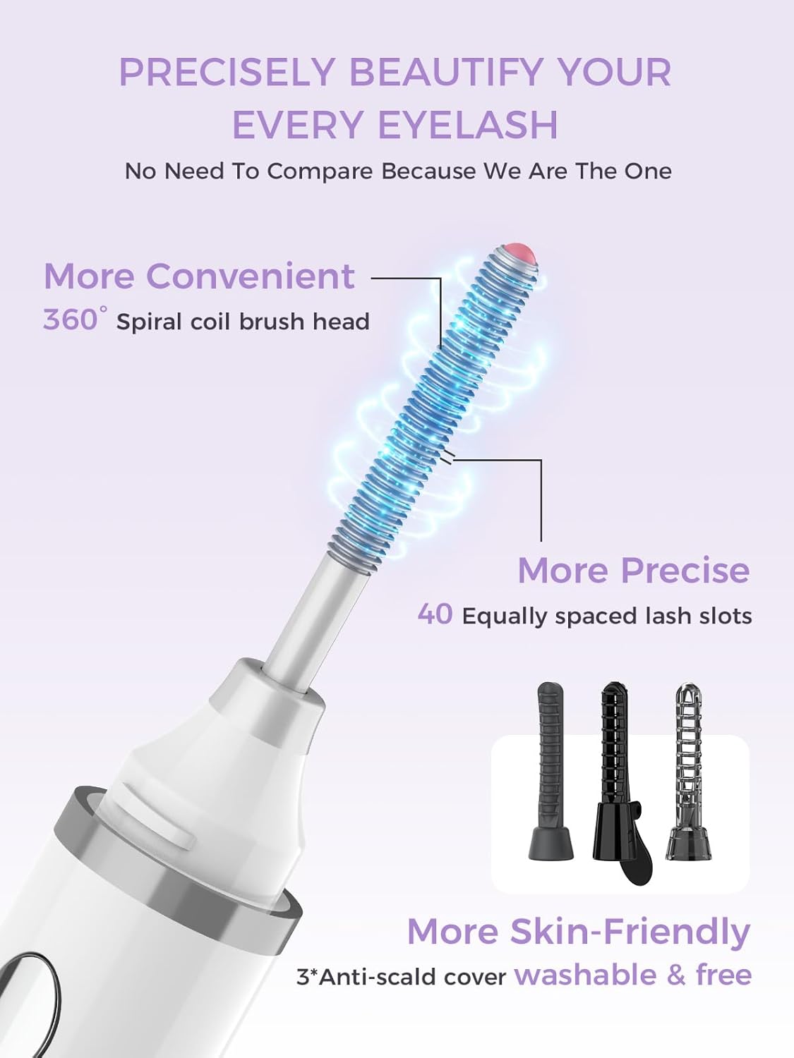 Smiling Shark Heated Eyelash Curler, 2025 New 360°Wand-Style Heated Lash Brush Rechargeable with 3 Brush Heads & 3 Temp 【Lengthen/Define/Curler】 3-in-1 Lash Curler for All Types of Lashes, White-FemmiqueWomen