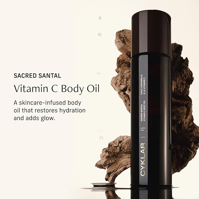 Vitamin C Body Oil for Women and Men. Moisturizing Sacred Santal Scented Body Serum for Glowing Skin. Nourishing, Hydrating After-Shower and Bath Skin Care Moisturizer, 4.2 Fl Oz-FemmiqueWomen