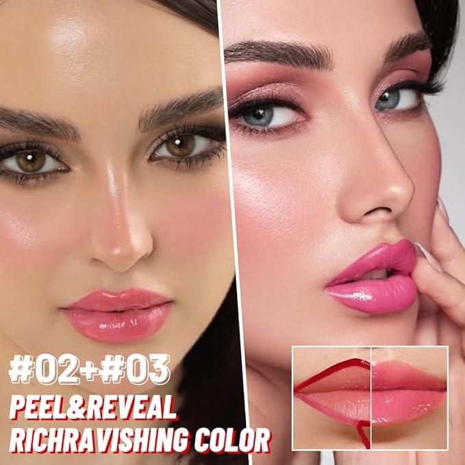 2Pcs Lip Stain Peel Off Lip Gloss oil Dual-Ended Combo, Lips Liner Stain Peel Off Masque, Long Lasting & Waterproof, Transfer-Proof Lip Tint Stain with Lip oil for All Skin Type 02#+03#-FemmiqueWomen