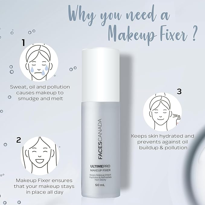 Faces Canada UltimePro Makeup Fixer Spray | Keeps Makeup Intact & Long-Lasting | Hydrating, Non-Sticky Mist for Fresh Finish | Lightweight & Refreshing | 1.69 Fl Oz (50ml)-FemmiqueWomen