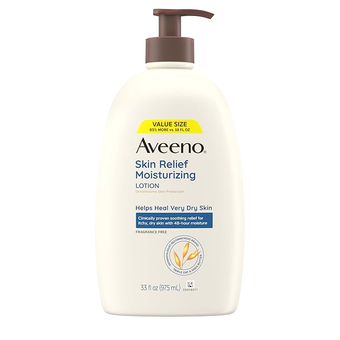 Aveeno Skin Relief Moisturizing Lotion for Very Dry, Itchy, Dry Skin, Body Moisturizer, Soothing Triple Oat & Shea Butter, Fragrance-Free, Non-Greasy, 33 fl oz-FemmiqueWomen