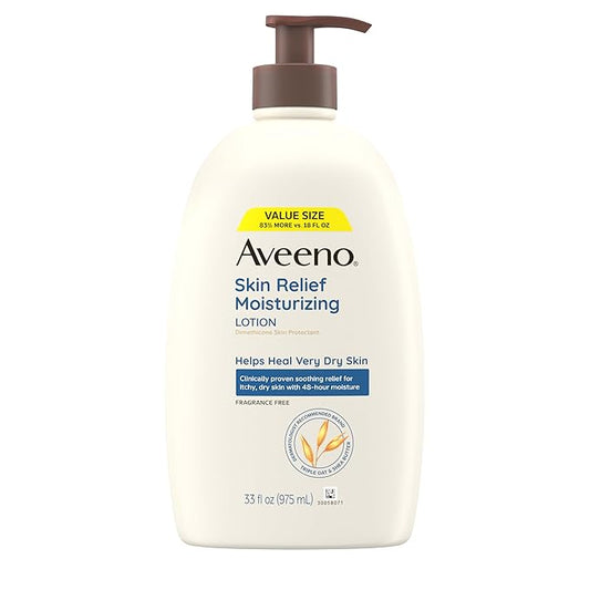 Aveeno Skin Relief Moisturizing Lotion for Very Dry, Itchy, Dry Skin, Body Moisturizer, Soothing Triple Oat & Shea Butter, Fragrance-Free, Non-Greasy, 33 fl oz-FemmiqueWomen