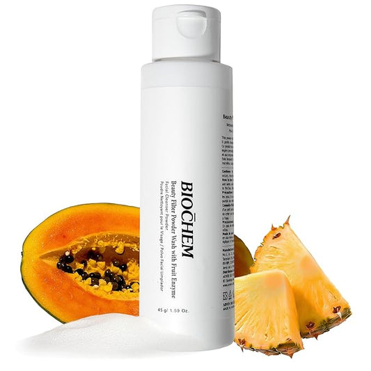 BIOCHEM Beauty Filter Powder Face Wash with Fruit Enzyme, Daily Wash with Papaya & Pineapple Enzyme, Gentle Plant-Based Low pH Exfoliator Cleanser for Women & Men, Sensitive Skin (1.59 fl oz / 45 g)-FemmiqueWomen