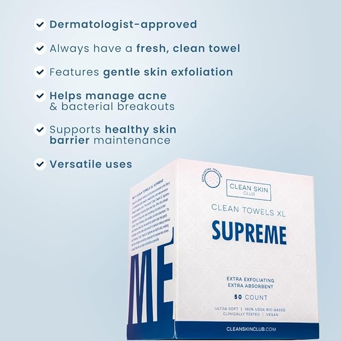 Clean Skin Club Clean Towels XL™ Supreme, 100% USDA Biobased Dermatologist Approved Face Towel, Gentle Exfoliation, Disposable Facial Washcloth, Makeup Remover Dry Wipes, 50 Count-FemmiqueWomen