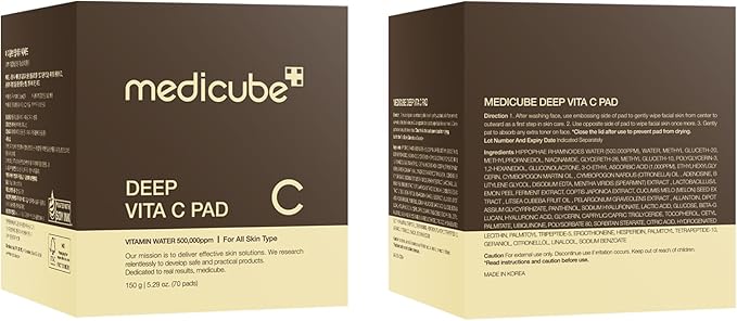 Medicube Deep Vita C Facial Pads, Vitamin C Toner Pads for Uneven Skin Tone, 500,000PPM of vitamin water & 3 types of vitamin, Hydrating & Resurfacing (70 sheets)-FemmiqueWomen