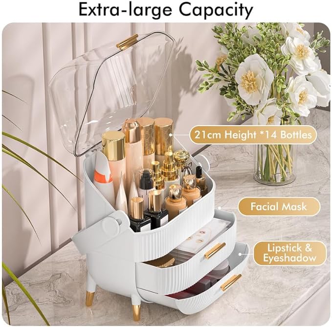 Makeup Organizer Skincare Organizers - Cosmetic Display Cases with Transparent Cover, SkinCare Organizers for Bathroom Countertop, Bedroom Vanity Desk, Lipstick Organizer, White-FemmiqueWomen