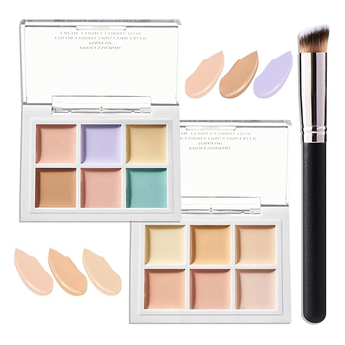 12 Colors Correcting Concealer Contour Makeup Palette, 6 in 1 Color Corrector Palette,Highlighting Concealer Palette Contouring Liquid Foundation Makeup Kit with Brush（2PCS）-FemmiqueWomen