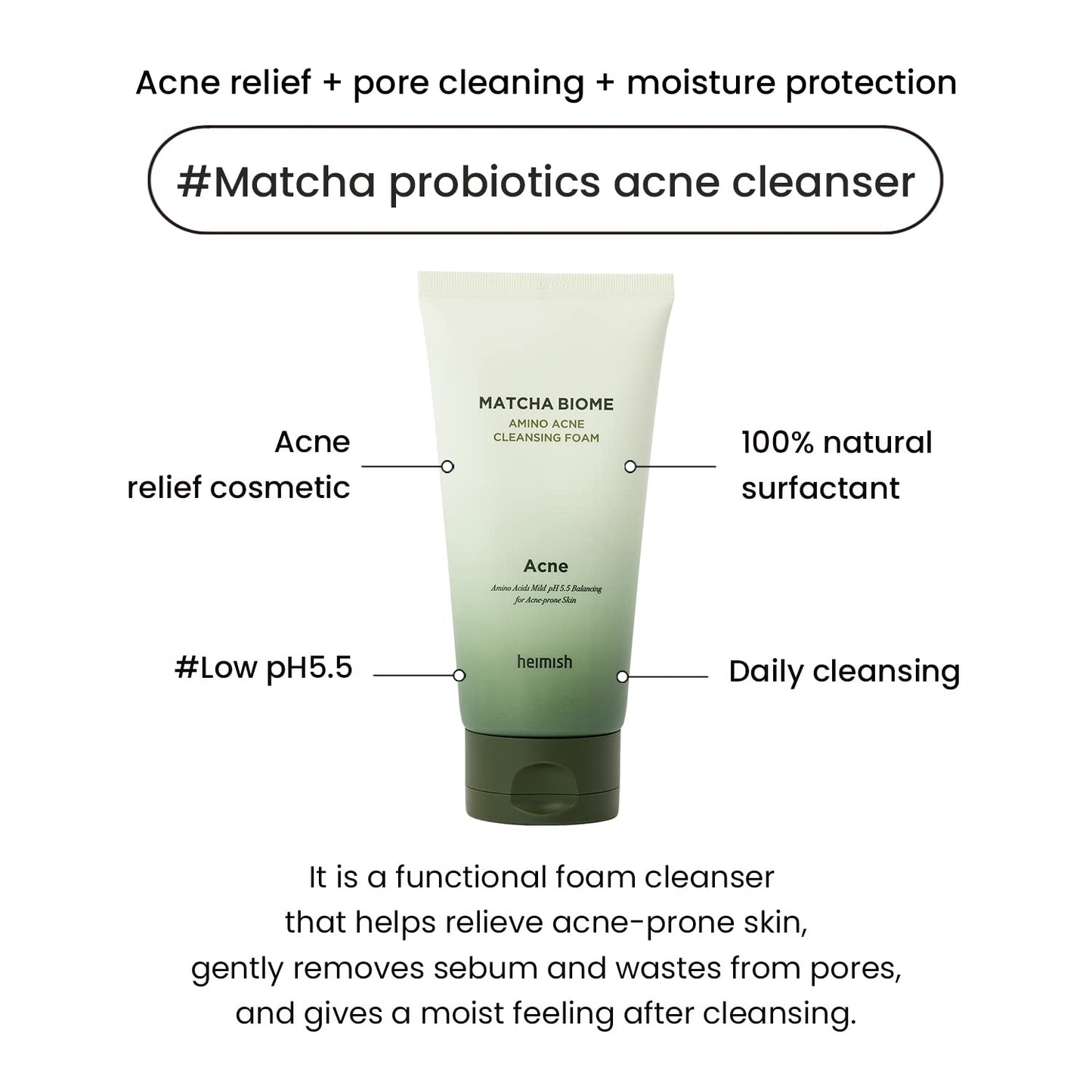 HEIMISH Matcha Biome Amino Acne Cleansing Foam - Deep Cleansing, Hydrating, Calming Facial Cleanser, Gentle Daily Face Wash with Amino Acids, Probiotics, for Oily & Acne-prone Skin, 5.3oz/150g-FemmiqueWomen