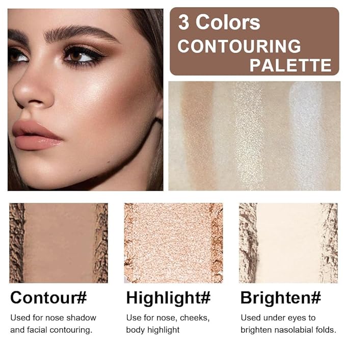 3 IN 1 Brown Nude Face Highlight Bronzer Powder Palette for Face Cheeks Contour Brightening, Buildable Matte Coverage Natural Makeup,Ultra Sculpt Nose Shadow Eyeshadow Primer 01#-FemmiqueWomen