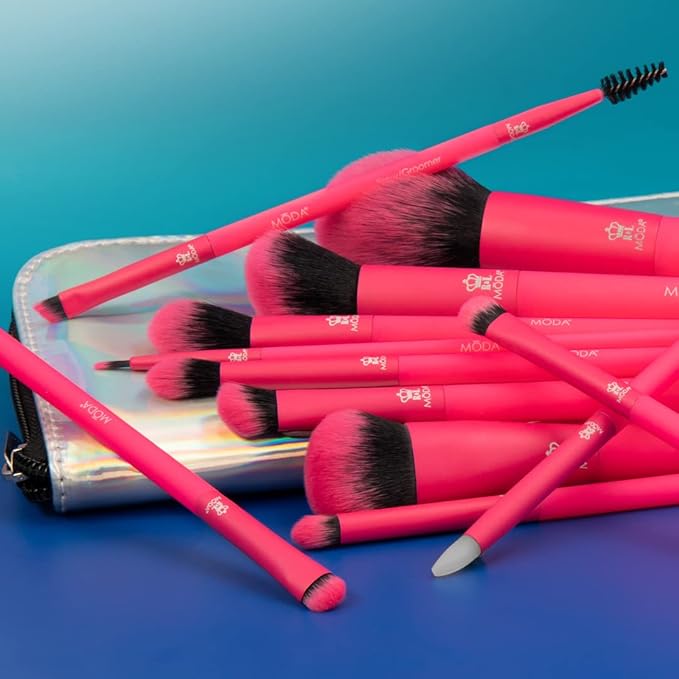 MODA Totally Electric Neon Full Face Makeup Brush Kit – 13pc Vibrant Brush Set for Face & Eyes with Zip Case (Neon Pink)-FemmiqueWomen