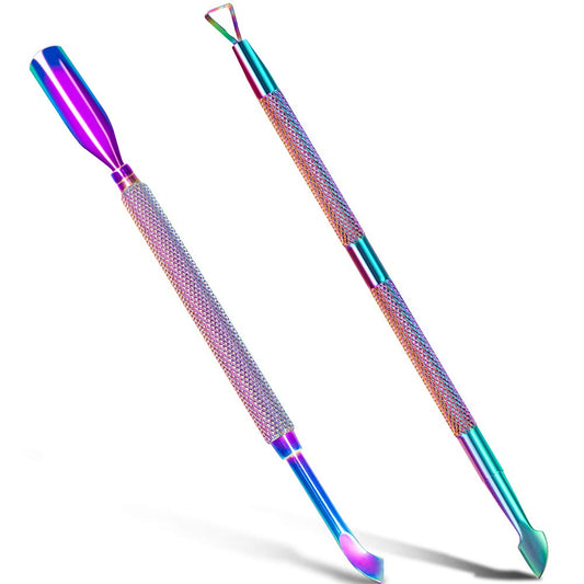 2PCS Metal Cuticle Pusher and Scraper (Chameleon/Rainbow), Colorful Nail Trimmer Cutter Stainless Steel Gel Scraper Tool, Polish Remover Peeler Salon Manicure Cleaner for Fingernail and Toenail-FemmiqueWomen
