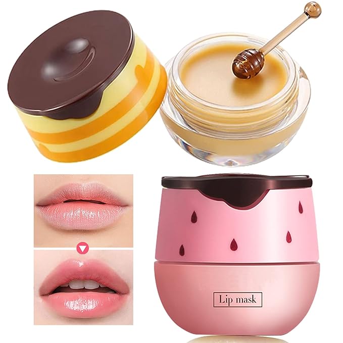 2 PCS Bee Lip Balm Lip Mask Honey Pot, Honey & Strawberry Lip Mask Propolis Moisturizing Lip Balm with Stick - Hydrating Prevention Dry and Cracked Lip Scrubs Exfoliato Lip Wrinkle Care-FemmiqueWomen