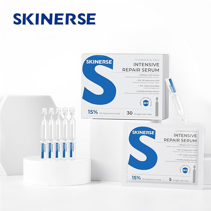 Intensive Repair Serum, 15%Hyaluronic Acid for Sensitive Skin Anti Aging Ultra Hydrating Serum for Face Calming Barrier Repair Redness Relief with Ceramides Centella 30Vials Daily Travel Care-FemmiqueWomen