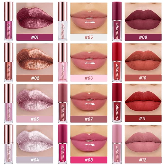 12Pcs Liquid Lipstick Makeup Set, Shades with 4Pcs Metallic Color Lipstick, 4Pcs Hydrating Lip Oil and 4Pcs Longwear Waterproof Matte Lipstick Gift Kit for Women (SET C)-FemmiqueWomen