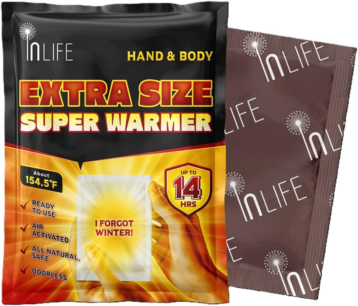 InLife Extra Size Super Warmer for Hands and Body, All Natural & Safe, Bigger & Wider Area Covered, Higher Heating 145°F, Air Activated, Easy & Comfort, Steady Longer Lasting, Odorless, 30 Packs-FemmiqueWomen