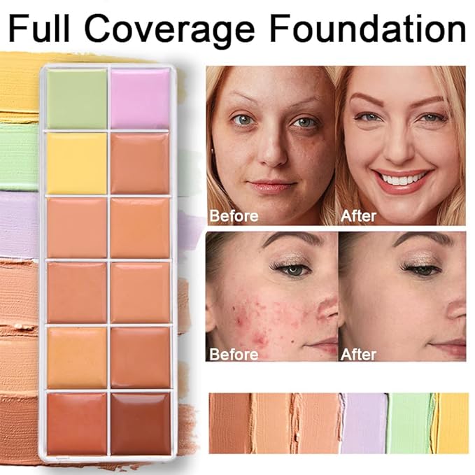 12 Color Correcting Concealer Palette With Concealer Brush, Cream Contouring Makeup Kit, Tattoo Concealer, Corrects Dark Circles Red Marks Scars Light Mediumor creamy concealer B1-FemmiqueWomen