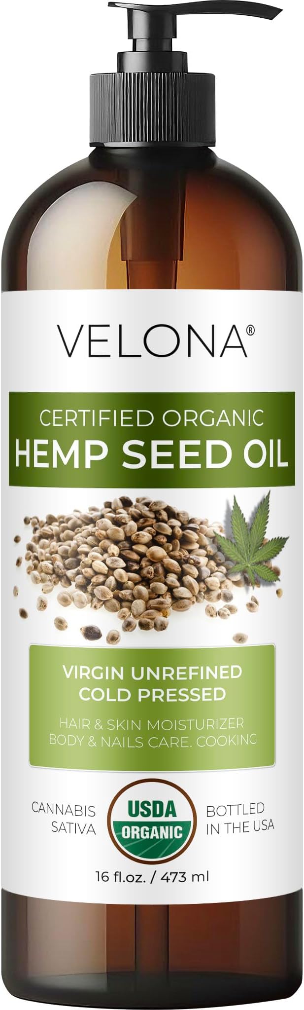 velona Hemp Seed Oil USDA Certified Organic - 16 Fl Oz | 100% Pure and Natural Carrier Oil | Unrefined, Cold Pressed | Hair, Body, Face & Skin Care-FemmiqueWomen