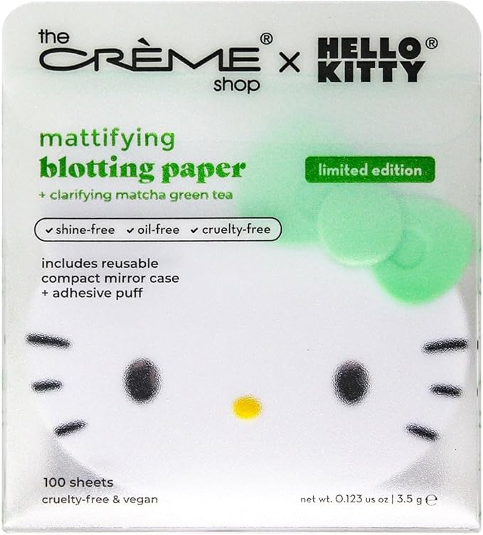 The Crème Shop x Hello Kitty Matcha Blotting Papers + Reusable Compact Mirror - Hello Kitty Collaboration for Oil Control and On-the-Go Touch-ups (Matcha Color Ribbon)-FemmiqueWomen
