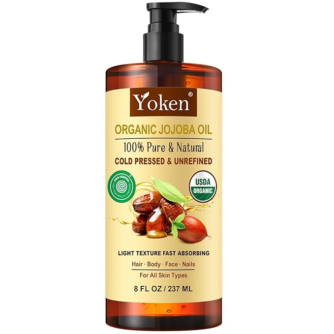 Yoken USDA Organic Jojoba Oil Cold Pressed 8 fl oz, 100% Pure & Natural Unrefined Jojoba Oil for Face Hair & Skin Massage, Hexane Free, Deeply Moisturizing Body Carrier oils Multi-Purpose Serum-FemmiqueWomen