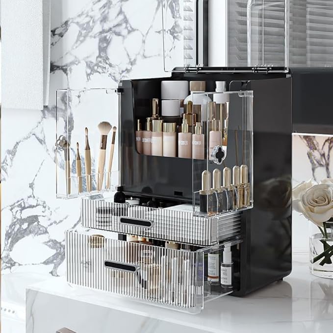 Acrylic Makeup Organizer with Drawers – 38.5CM Large Capacity Cosmetic Storage Box, Dustproof & Waterproof Vanity Organizer for Skincare, Jewelry, Lipsticks & Beauty Products (Black)-FemmiqueWomen