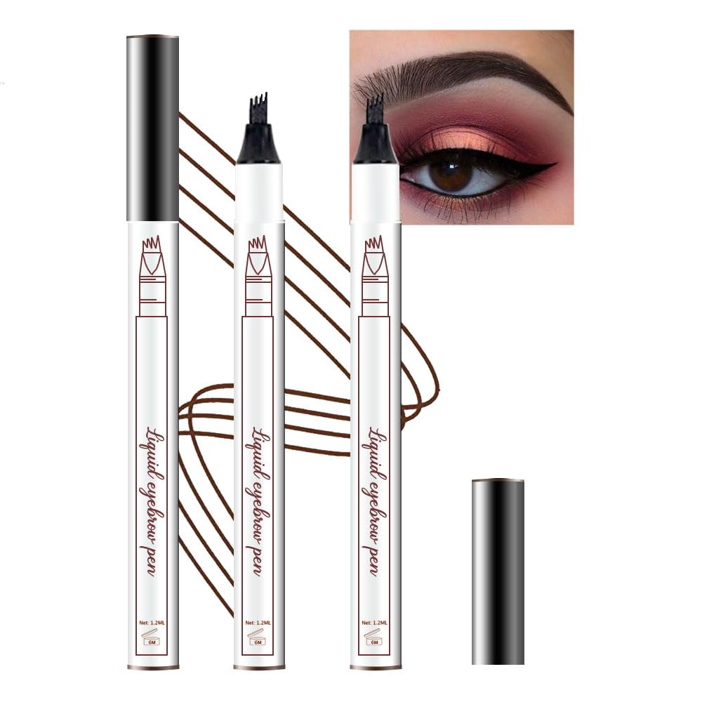 2 Pcs/Set 3D Eyebrow Pencil - Eye Makeup Micro 4 Point Brow Pen Lift & Snatch Eyebrow Pen Kits with 3 Eyebrow Stencil Long-Lasting Waterproof Natural Eyebrow Hair (4# black)-FemmiqueWomen