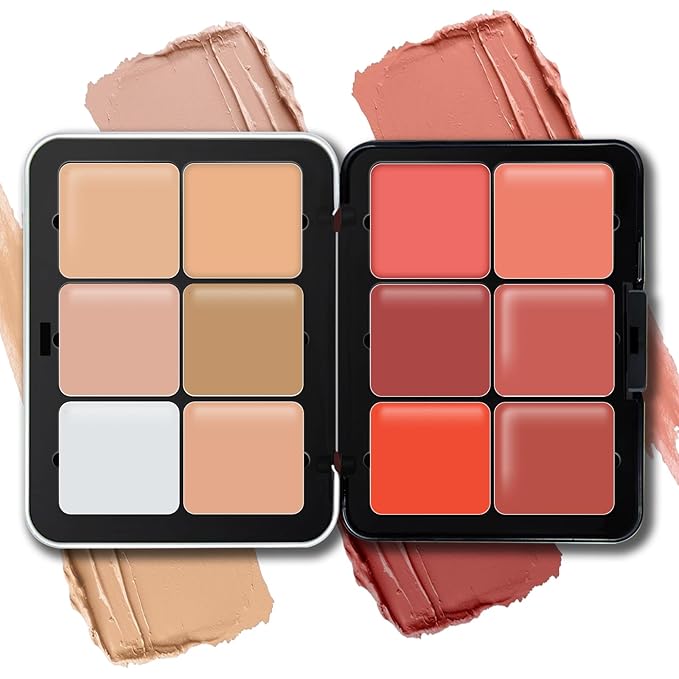 12 Colors Cream Blush Palette, Color Correcting Concealer Foundation Palette, Long Wearing Smudge Proof Blendable Matte Finish Blush Powder Highlighter and Cream Contour Palette Makeup (01)-FemmiqueWomen