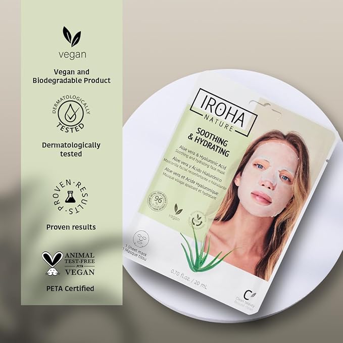 IROHA NATURE Comforting & Hydrating Tissue Face Mask with Aloe Vera | 15 Pieces | Aftersun Effect | 96% Natural Ingredients-FemmiqueWomen