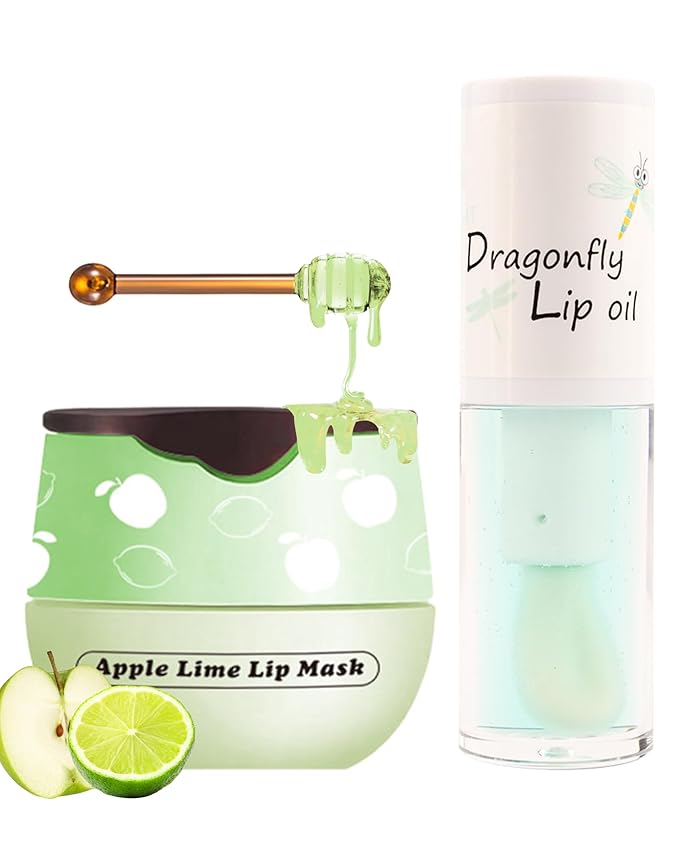 2Pcs Apple Lime Lip Bee Balm Honey Pot Lip Mask & Lip Glowy Oil Lip Gloss Care Set, Propolis Moisturizing & Nourish Lip Gloss Repair, Plump Dry Cracked Lip Scrub Exfoliator bálsamo para labios -Set D-FemmiqueWomen