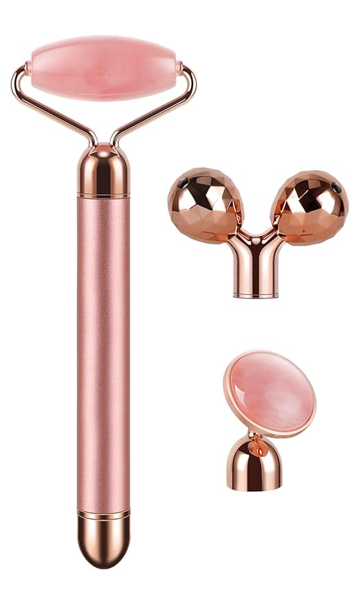 3-IN-1 Electric Jade Roller 3D Roller Facial Roller & Face Massager, Rose Quartz-FemmiqueWomen