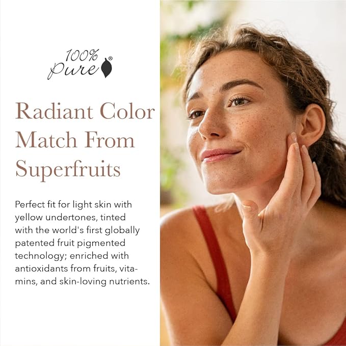 100% PURE Healthy Foundation Full Face Coverage Makeup, Liquid Matte Finish with Anti-Aging Benefits - Vegan Gorgeous Fruit Pigmented White Peach Color (Light with Warm Undertone) - 1 Fl Oz-FemmiqueWomen