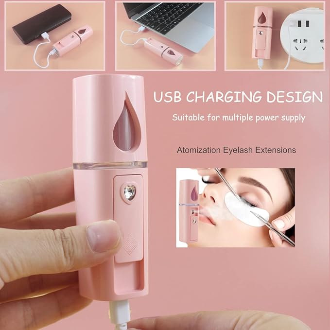 Nano Facial Mister Portable Mist Sprayer with Mirror Mini Cool Mist Spray for Skin Care & Facial Body Moisturized & Eyelash Extensions, USB Rechargeable (Pink)-FemmiqueWomen