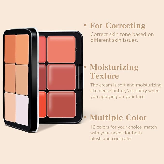12 Colors Cream Blush Palette, Color Correcting Concealer Foundation Palette, Long Wearing Smudge Proof Blendable Matte Finish Blush Powder Highlighter and Cream Contour Palette Makeup (01)-FemmiqueWomen