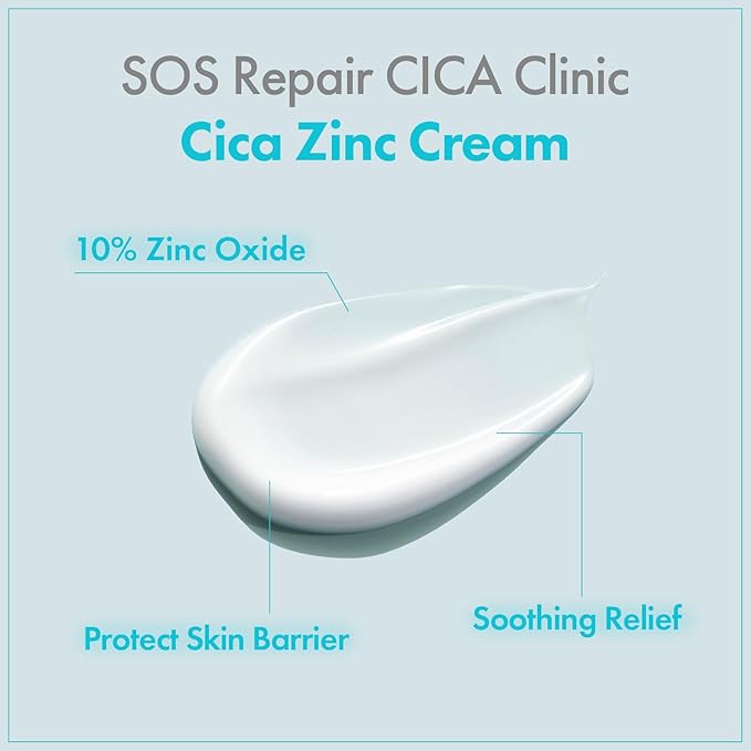 SOS Repair CICA Clinic Zinc Cream, 100,000ppm Zinc Oxide, Heal, Soothe Acne, Redness, Rosacea Treatment, Skin Barrier Repair, Moisture, Non-Comedogenic, Korean Skin care, 50g, 1.76 oz.-FemmiqueWomen