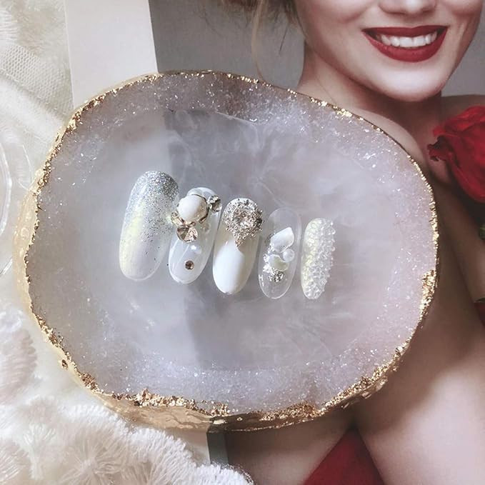 1pc White Golden Edge Resin Nail Art Palettes Nail Mixing Palette Polish Color Mixing Plate Nail Holder Display Cosmetic Mixing Tools Makeup Palette Tray Accessories (white)-FemmiqueWomen