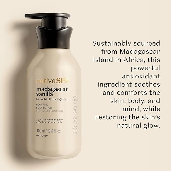 Nativa SPA by O Boticário, Madagascar Vanilla Moisturizing Body Lotion, Fragranced Skin Moisturizer with Purified Quinoa Drops, 13.5 Ounce-FemmiqueWomen
