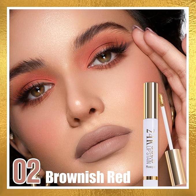2025 New 24K Gold Liquid Lip Gloss Peel Off Lip Stain Tattoo with Tweezer, Brownish Red Lips Stain Peel Off Masque, Long Lasting Waterproof Lip Tint Stain,Transfer-proof for All Skin Types 02#-FemmiqueWomen