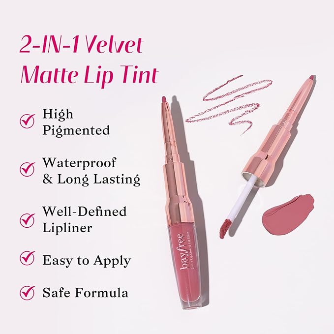 2-IN-1 Lip Liner and Lip Stain, High Pigmented Long Lasting Velvet Lip Tint, Well-Defined Lipliner, Weightless Waterproof Not Animal Tested, Matte Finish Makeup-FemmiqueWomen
