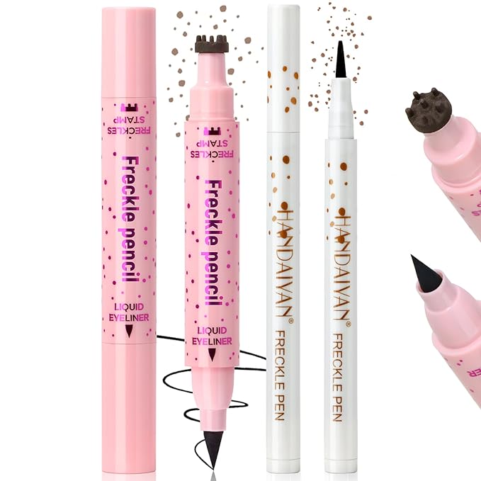 2pcs Freckle Stamp Pen with Eyeliner for Natural Lifelike Faux Freckle 2 in 1 Fake Freckles Stain Marker Pen for Waterproof Long Wear Sunkiss Makeup #Light Brown&Black-FemmiqueWomen