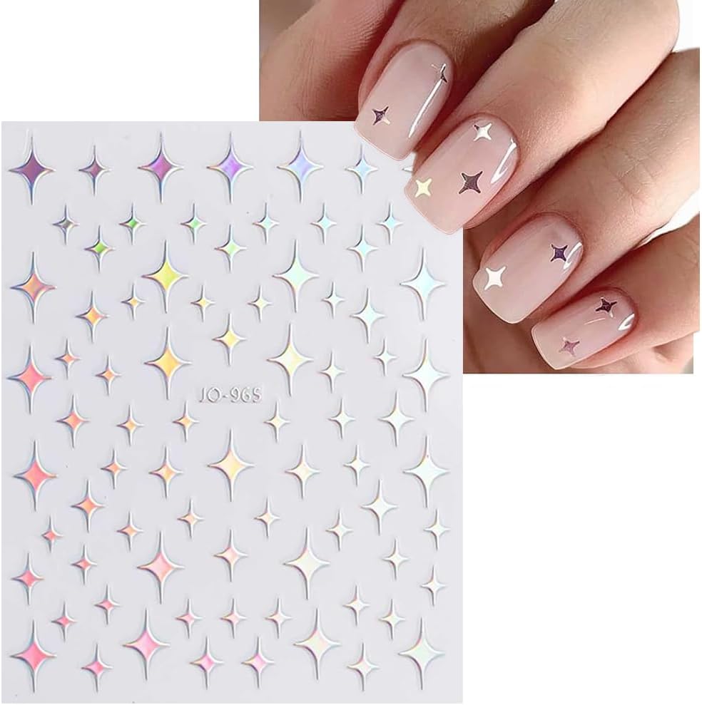 12 Sheets French Line Nail Art Stickers Aurora Star Heart Nail Decals Self-Adhesive Pegatinas Uñas Glitter Holographic Laser Silver Nail Supplies for Women Nail Art Design Decoration-FemmiqueWomen
