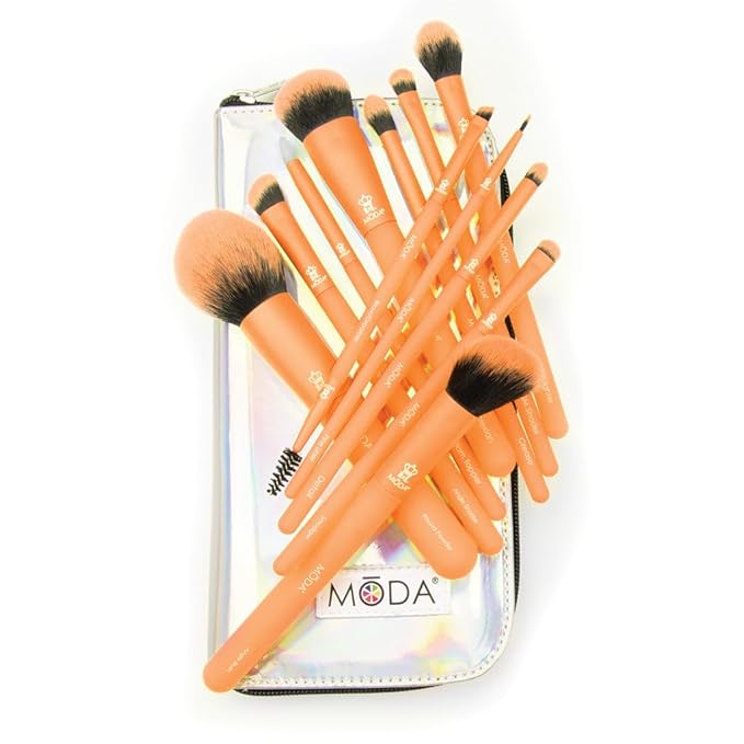 MODA Totally Electric Neon Orange Full Face Makeup Brush Kit – 13pc Vibrant Brush Set for Face & Eyes with Zip Case-FemmiqueWomen