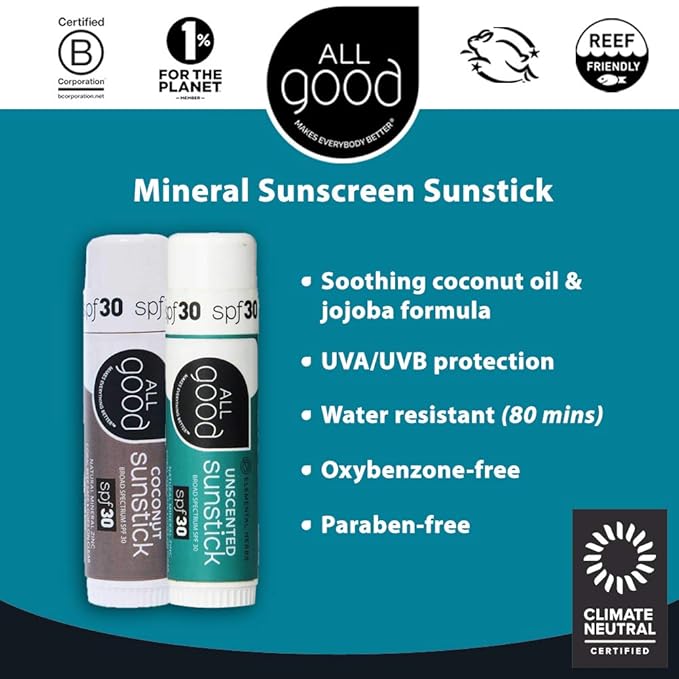 All Good Sunstick - Face Sunscreen, Water Resistant, UVA/UVB Broad Spectrum SPF 30+, Coral Reef Friendly - Beeswax, Zinc, Vitamin E, Shea Butter (Coconut)-FemmiqueWomen